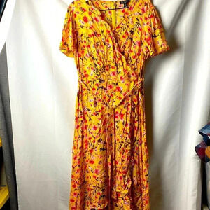 JESSICA SIMPSON SIZE 1X YELLOW FLORAL FAUX WRAP DRESS TIE GOOD‎ CLEAN CONDITION
